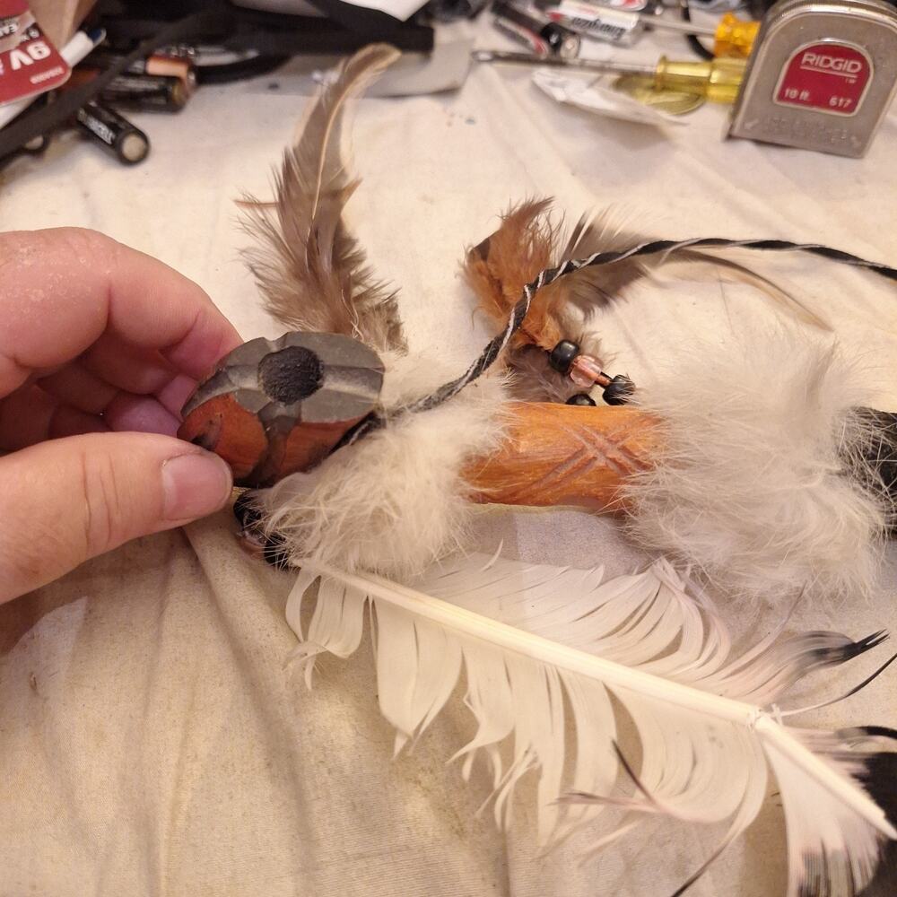 Native American Peace Pipe. W Rabbit Fur and Feathers and Bead. 18.5 Inches
